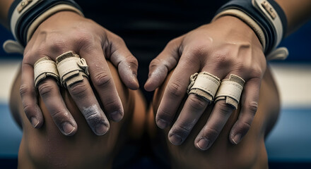 Close-Up of Taped Wrist Gripping Beam – Gymnast’s Hand Under Tension