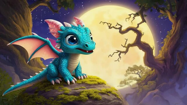 Magical blue dragon perched on a rocky outcrop under a full moon in a mystical forest setting