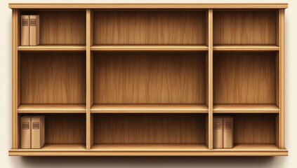 Empty wooden bookcase, interior design, illustration, bookshelves