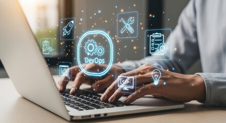 Devops concept with icons representing development and operations on a laptop