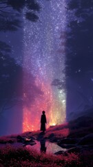 Una figura solitaria observa un portal cósmico brillante en medio de un paisaje misterioso.