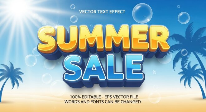 Vibrant summer sale text effect with tropical beach scene - Powered by Adobe