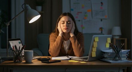 Stressed woman night work desk