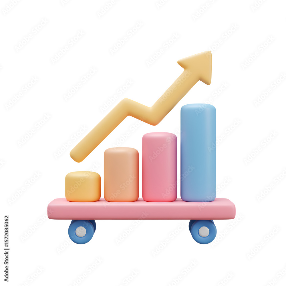 Poster 3d icon of a 3d pastelcolored graph shows upward growth on a cart isolated on transparent background