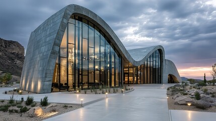 Modern streamlined building exterior under the blue sky, with metal and glass as materials, fashionable and smooth appearance, combined with simple landscape, showing the technology and aesthetics of 