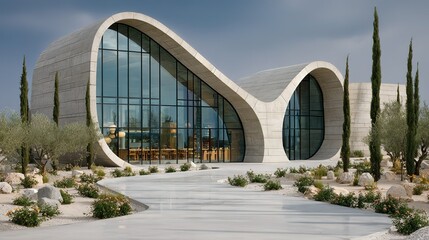 Fototapeta premium Modern curved building constructed with concrete and glass, integrated into a courtyard landscape, surrounded by green plants, stones, and paths, showing the harmonious coexistence of architecture and