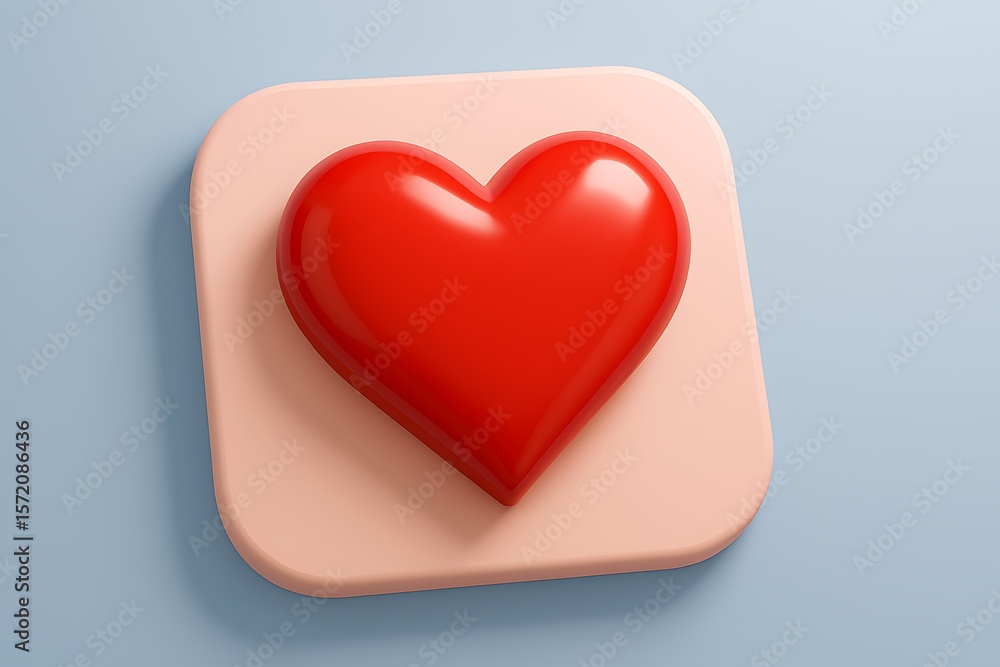 Poster glossy red heart shape icon on a soft peach square isolated on white background