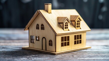 A wooden house model on a wooden table with a dark background.
