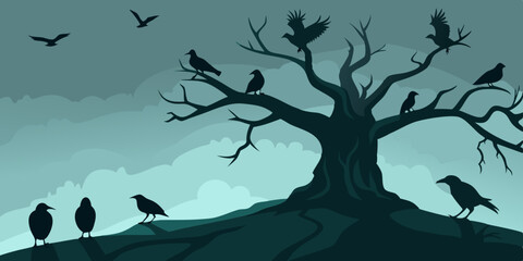 Silhouettes of Crows on a Barren Tree A Dark and Brooding Illustration