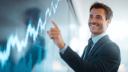 A businesswoman smiling and pointing at a stock market graph on a digital screen, a trading chart going up, a light background with copy space