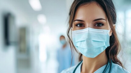 A nurse wearing a face mask in a hospital corridor.