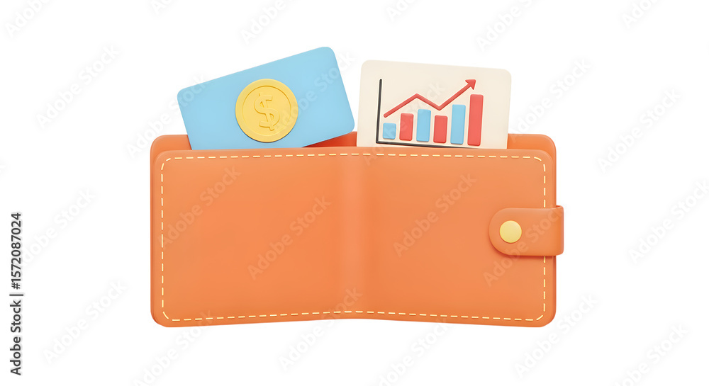 Poster 3d icon of open orange wallet with credit card and growth chart isolated on transparent background