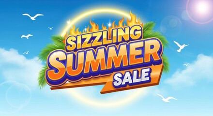Sizzling summer sale announcement with fiery text and tropical elements