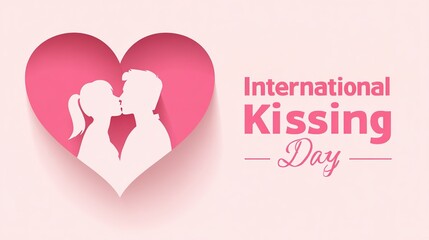 Hand - drawn Illustration for International Kissing Day, Featuring Romantic Kissing Couple, Pink Hearts and Calligraphic Text