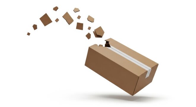 Cardboard box exploding into pieces against a white background