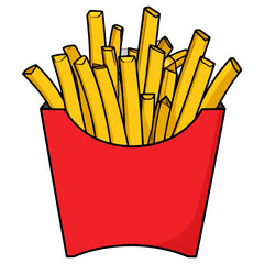 Cartoon illustration of a red container filled with golden yellow french fries, perfect for menus, websites, or design projects related to fast food.
