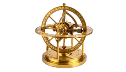 Intricate brass astronomical globe isolated on transparent background