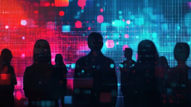 Silhouettes of people against a digital background with red and blue lights.