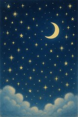Fototapeta premium A serene, painted night sky featuring a crescent moon, twinkling stars, and soft clouds below