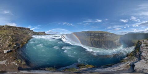 Majestic waterfall with rainbow iceland hdr 360 degrees nature view