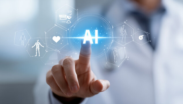 A doctor is touching an AI icon on the screen, with medical symbols floating in front of him and human figures drawn behind them