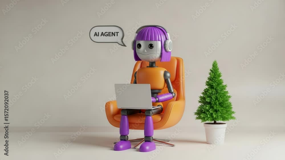 Poster an ai agent robot sits with a laptop, representing the future of technology and automated virtual as