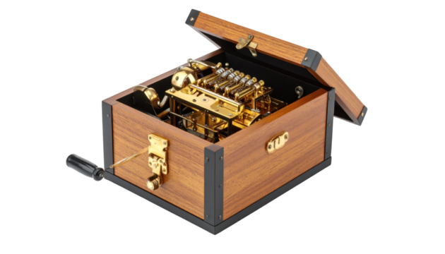 Intricate wooden music box display isolated on transparent background