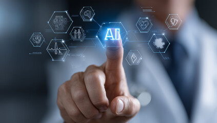 A doctor is touching an AI icon on the screen, with medical symbols floating in front of him and human figures drawn behind them