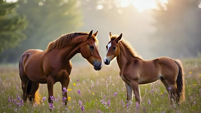Two horses share a tender moment in a sunlit meadow filled with wildflowers during golden hour