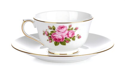 Elegant white teacup and saucer with pink rose design