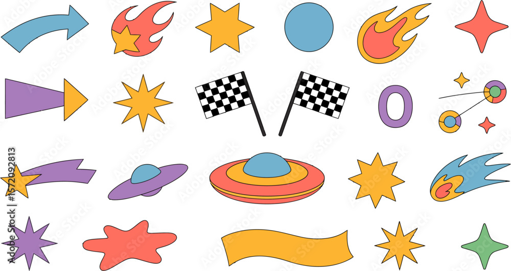 Poster retro groovy elements set vector illustration vintage design groovy style vector illustration design