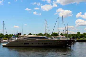 Yacht sailing on sea waters. Luxury superyacht at sea. Miami Beach with yachts. Tropical seascape...