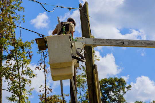 Worker in bucket truck is repairing electrical lines amid trees while sun shines brightly above.