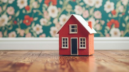 A small red toy house with a white roof and trim, placed on a wooden floor with a floral wallpaper background.