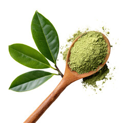 Green Tea Powder in Wooden Spoon with Fresh Tea Leaves Beside, Top-Down Minimalist View, Isolated on Transparent Background