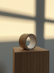A minimalist still life featuring a roll of brown tape on a wooden pedestal