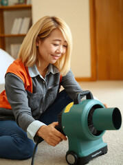A cheerful woman using a floor dryer to clean her carpet,