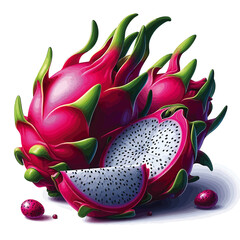 Realistic Dragon Fruit with Slice, Pitaya Vector Illustration on White Background