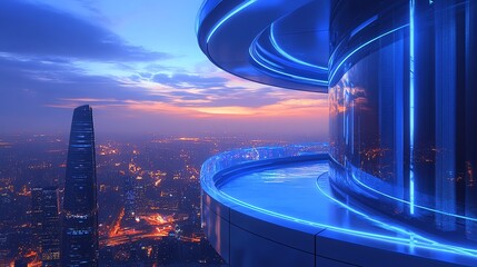 Futuristic Blue Neon Observation Deck in Skyscraper at Sunset