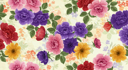 Vibrant Seamless Floral Pattern with Colorful Flowers and Leaves on Light Background - Vector Illustration