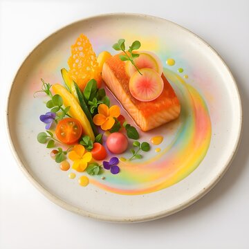 Gastronomy Summer Delight: Salmon with Rainbow Puree & Edible Flowers