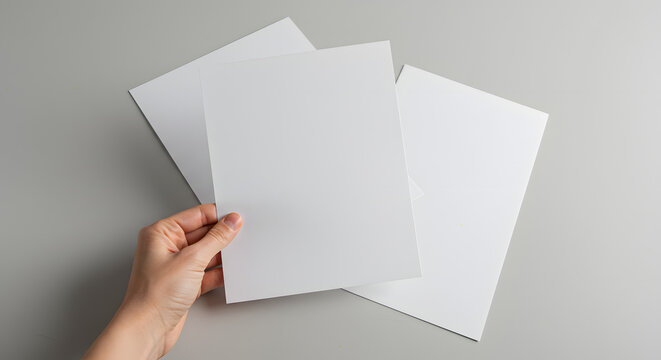 Hand Holding White Blank Papers Over Gray Surface for Stationery or Office Use