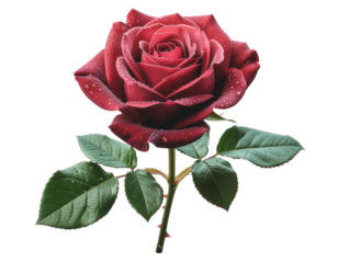  Single Red Rose with Water Droplets and Curved Stem, isolated on transparent background