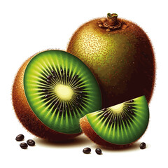 Realistic Kiwi Fruit with Slices and Seeds, Fresh Tropical Green Fruit Vector Illustration