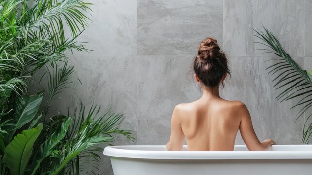 A woman in a white bathtub with green plants in the background.