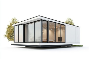 Modern prefab home design with large windows, trees, and floating platform