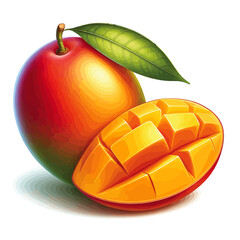 Realistic Mango with Leaf and Cubed Slice, Juicy Tropical Fruit Vector Illustration