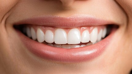 A close-up of a smiling woman's teeth with a white background.