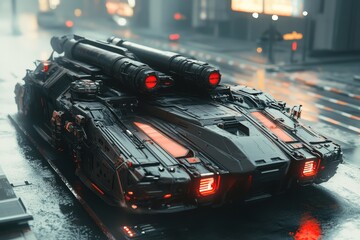Futuristic tank on wet city street at night