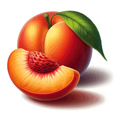 Realistic Peach with Slice, Fresh Juicy Peach Fruit Vector Illustration
